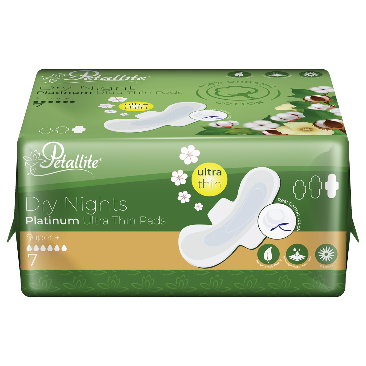 Petallite Organic Night Protect Pads - Lab Verified Safety (Box of 36 Packs-252Pads)